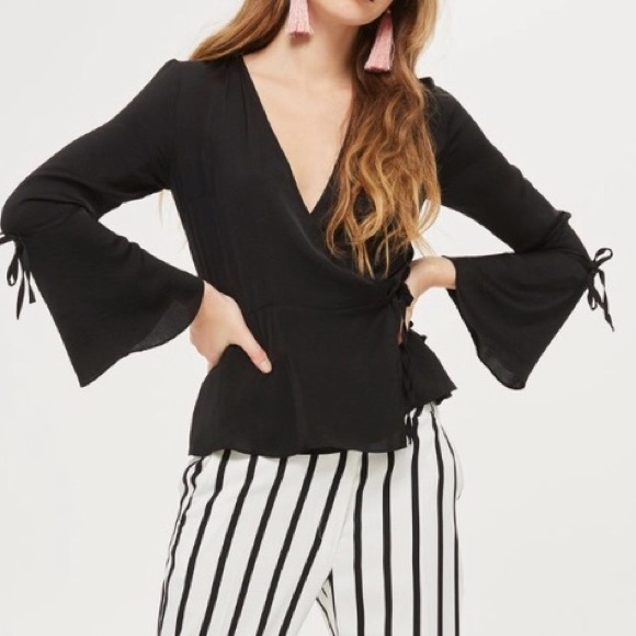 Topshop Tops - Topshop Black Hammered Satin Wrap Bell Sleeve Top